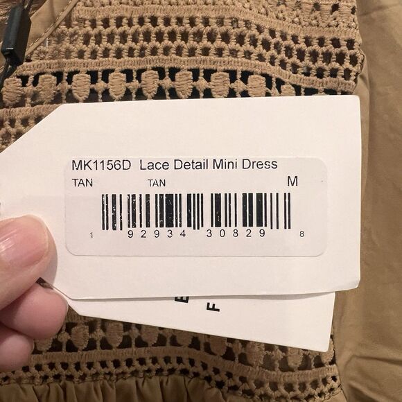 English Factory MK1156D Women Lace Detail Mini Dress Tan size M Festival Party - Picture 4 of 10
